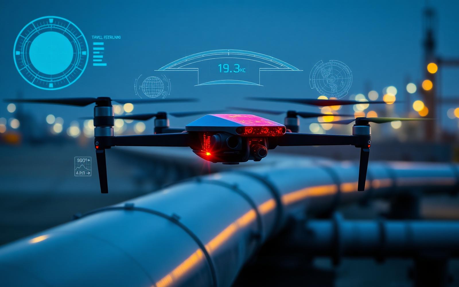 Drone with HUD overlay inspecting pipeline